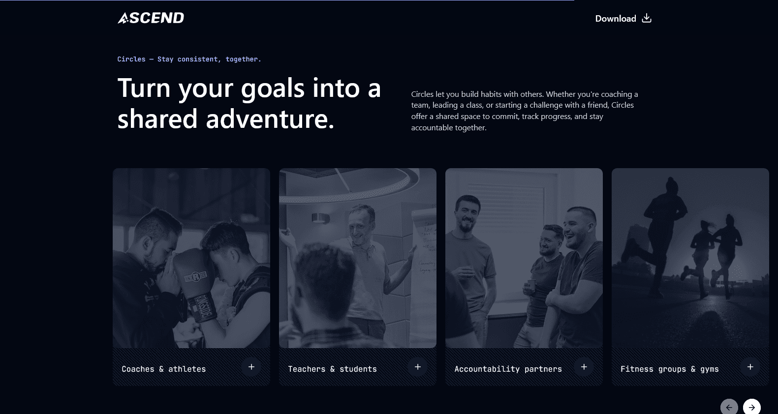 Section Circles du site Ascend, turn your goals into a shared adventure