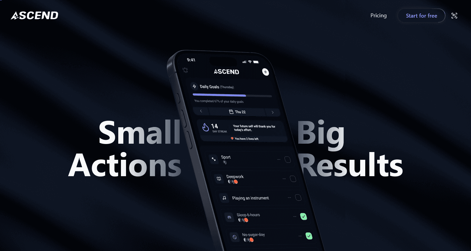 Page d'accueil du site Ascend, Small Actions Big Results