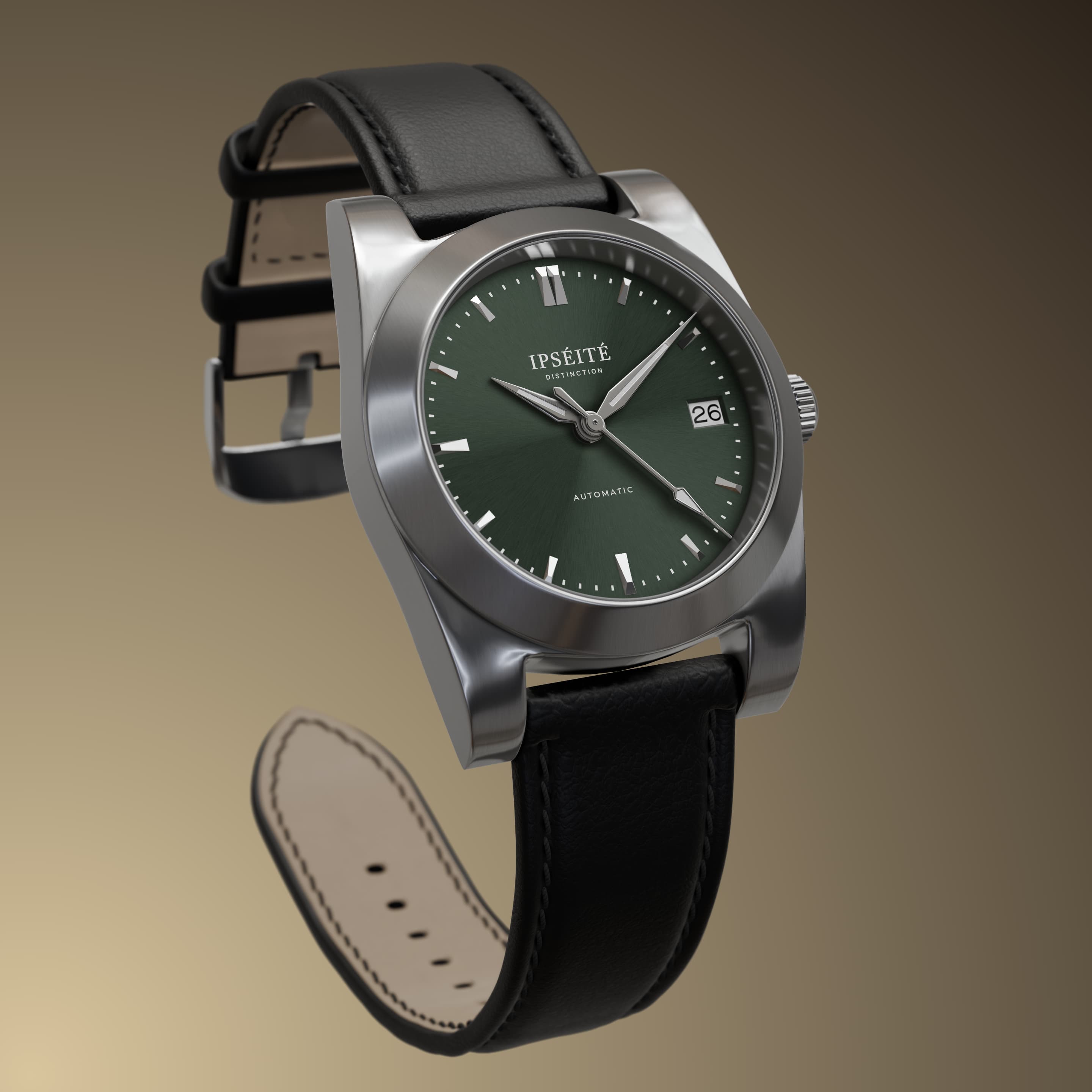 Rendu 3D trois-quarts, cadran vert et bracelet cuir