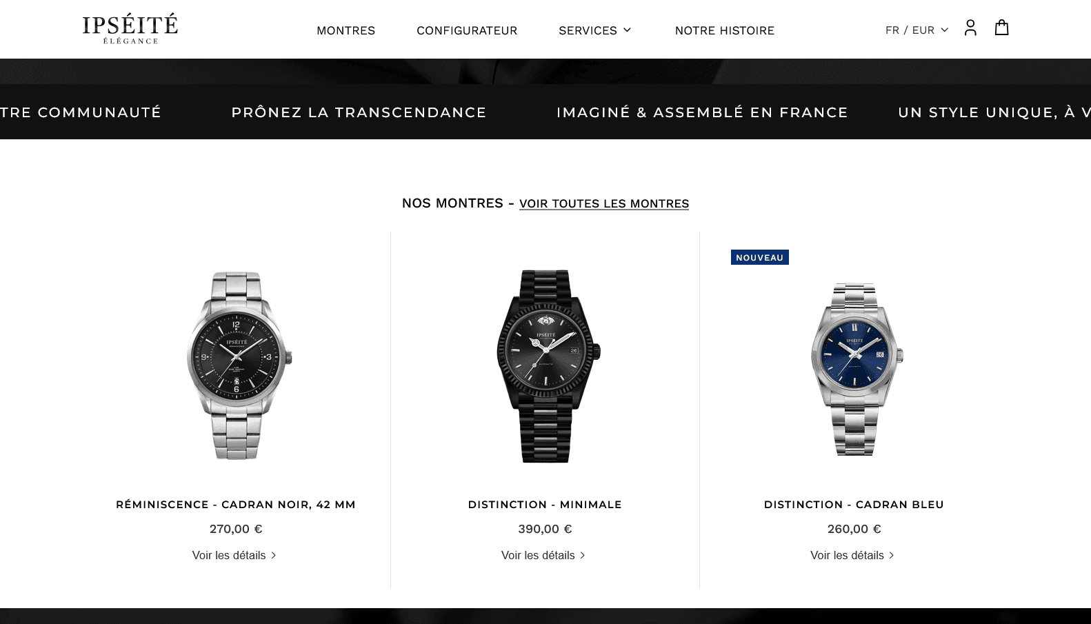 Page catalogue du site IPSÉITÉ, trois modèles de montres