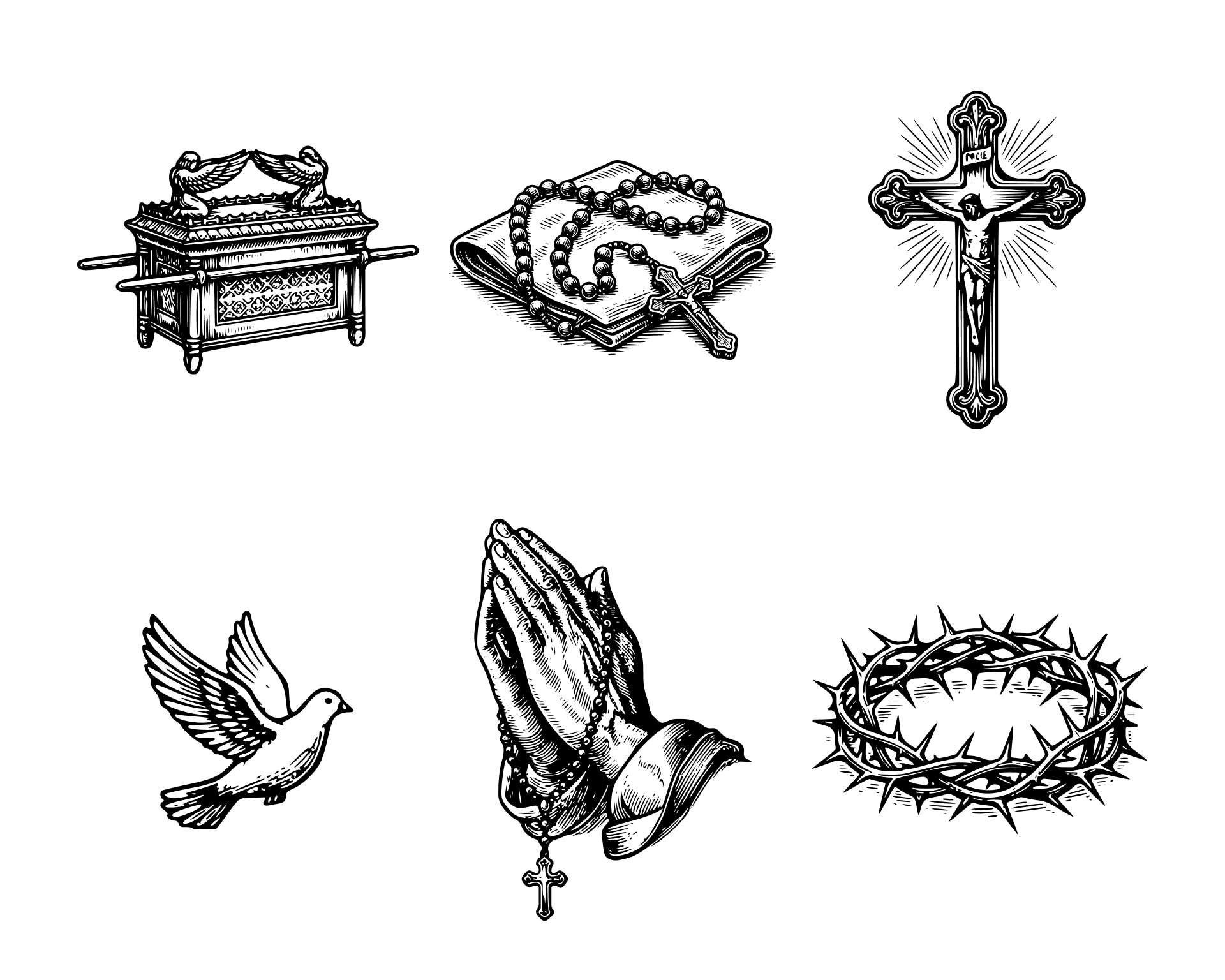 Illustrations gravées de Kerygma : arche, chapelet, crucifix, colombe, mains jointes, couronne d'épines