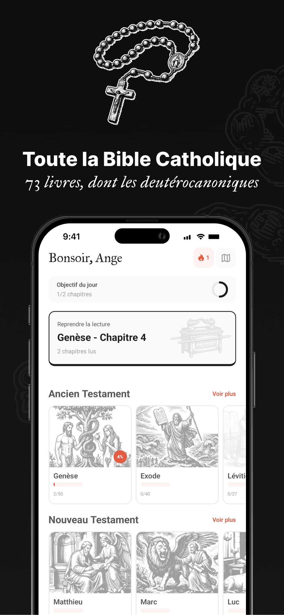 Accueil de l'app : toute la Bible catholique, Ancien et Nouveau Testament