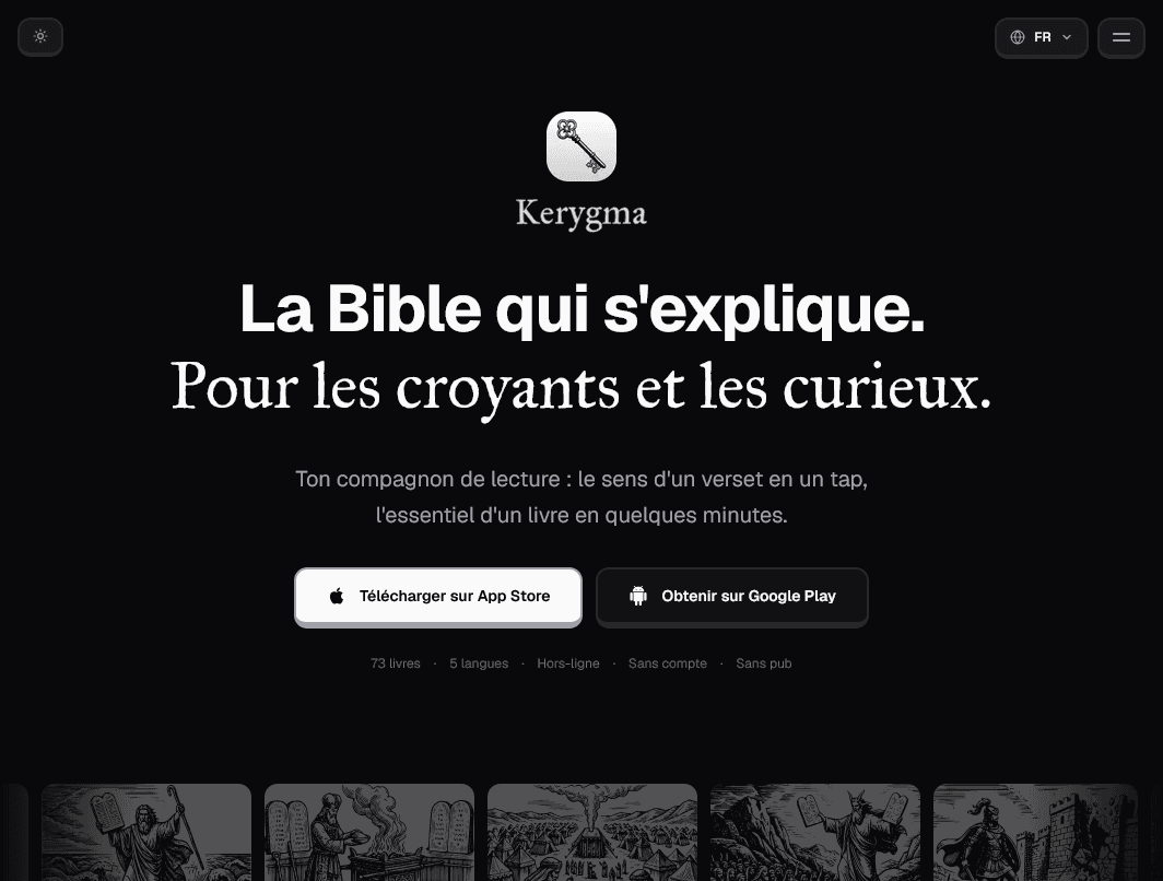 Page d'accueil du site Kerygma, fond sombre et gravures