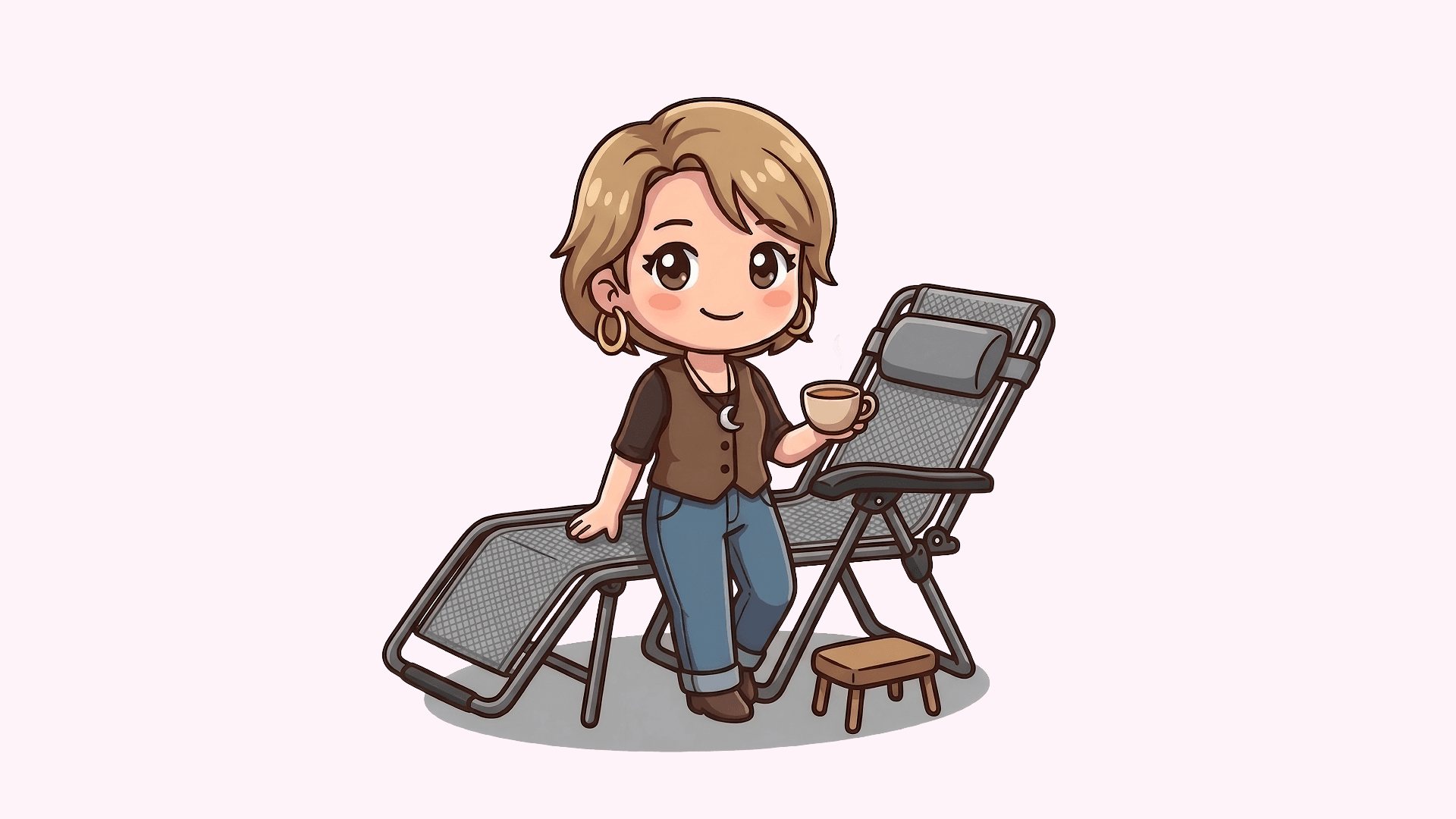 Personnage chibi de Virginie Bouyssou, tasse à la main