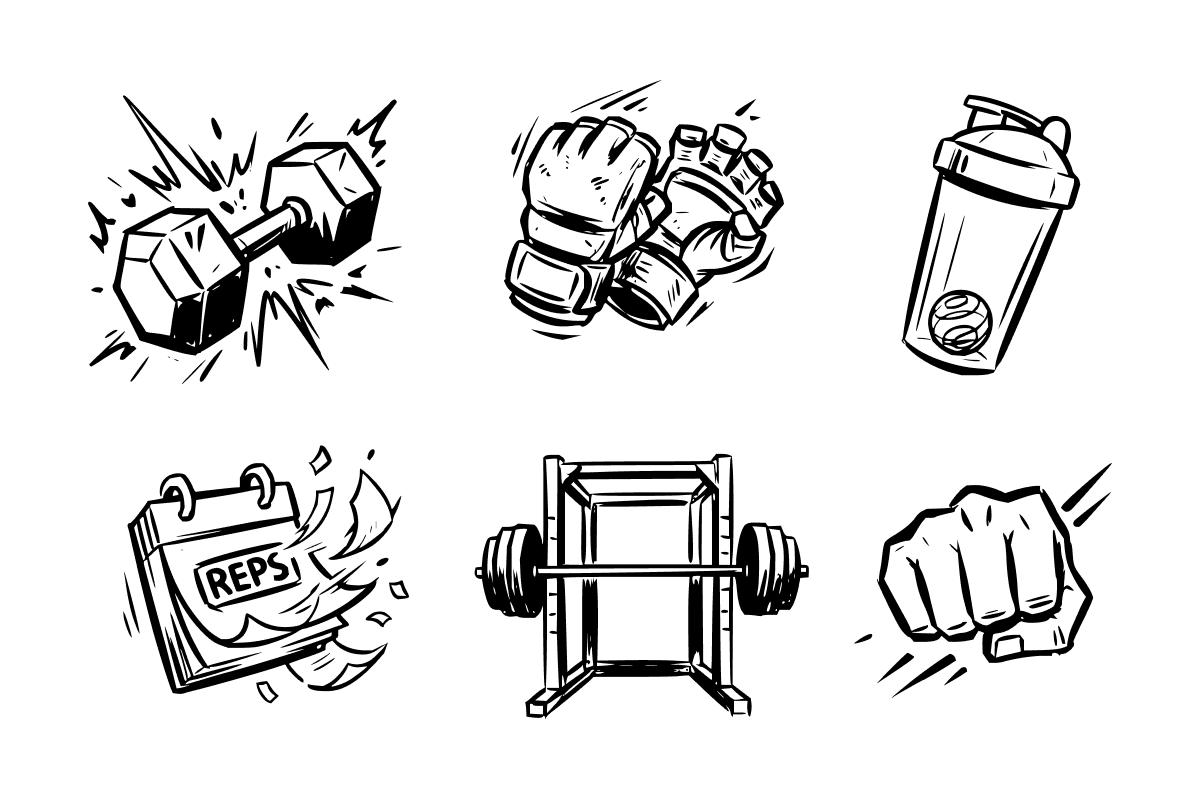 Illustrations ZENKAI encrées, haltère, gants, shaker, calendrier, rack et poing