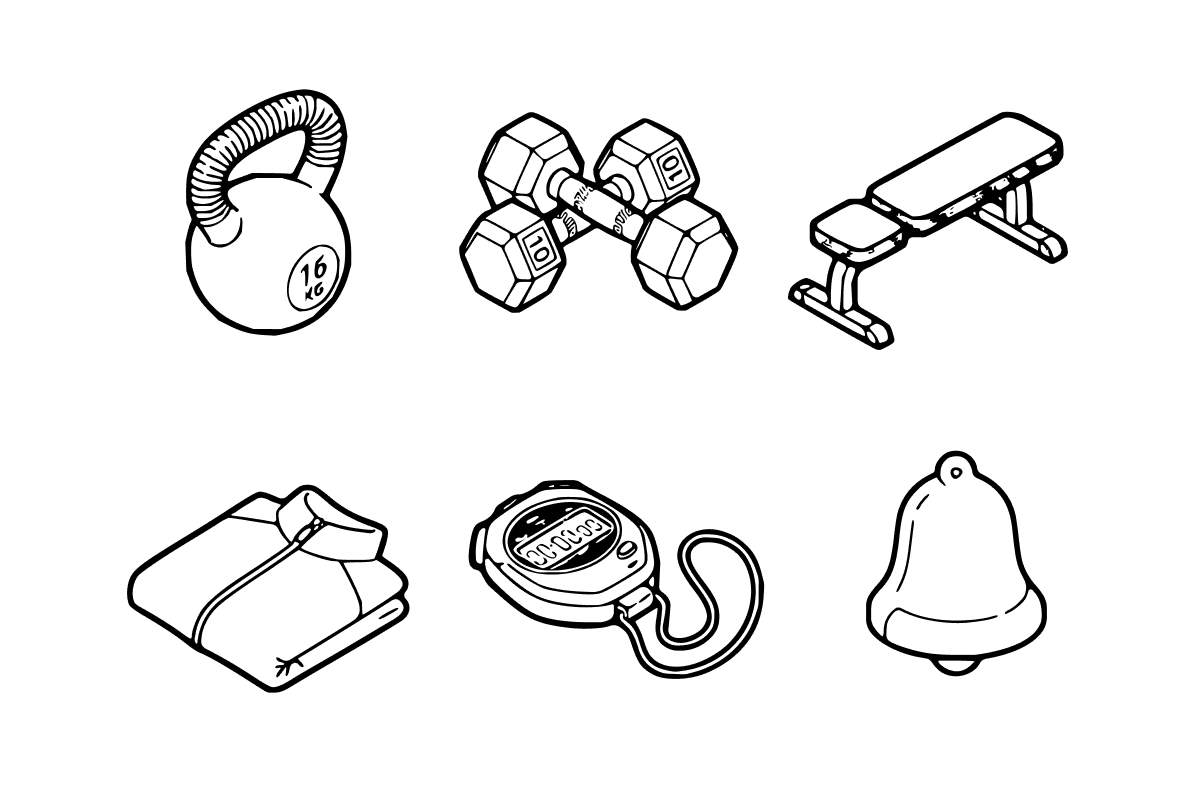 Illustrations ZENKAI au trait, kettlebell, haltères, banc, serviette, chrono et cloche