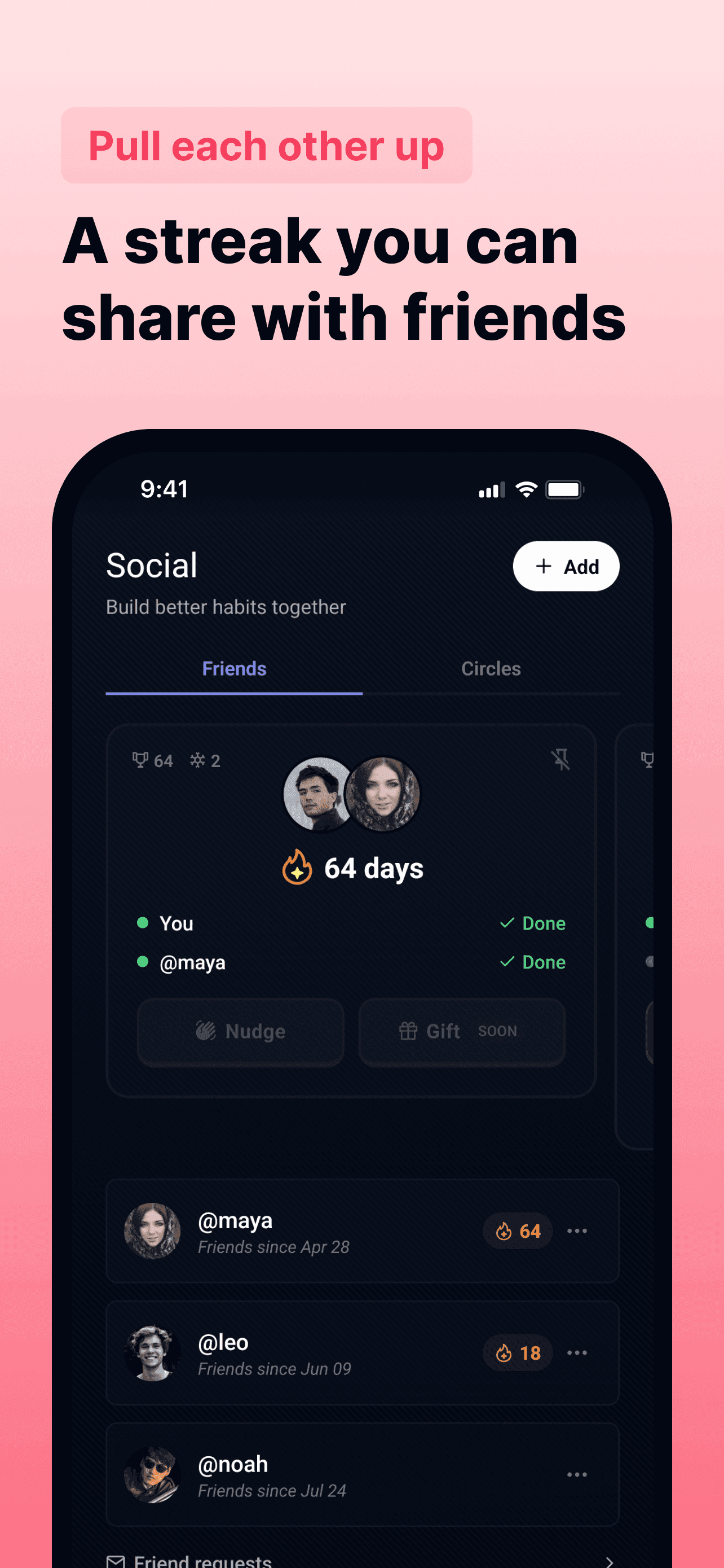Écran Social d'Ascend, streaks partagés entre amis