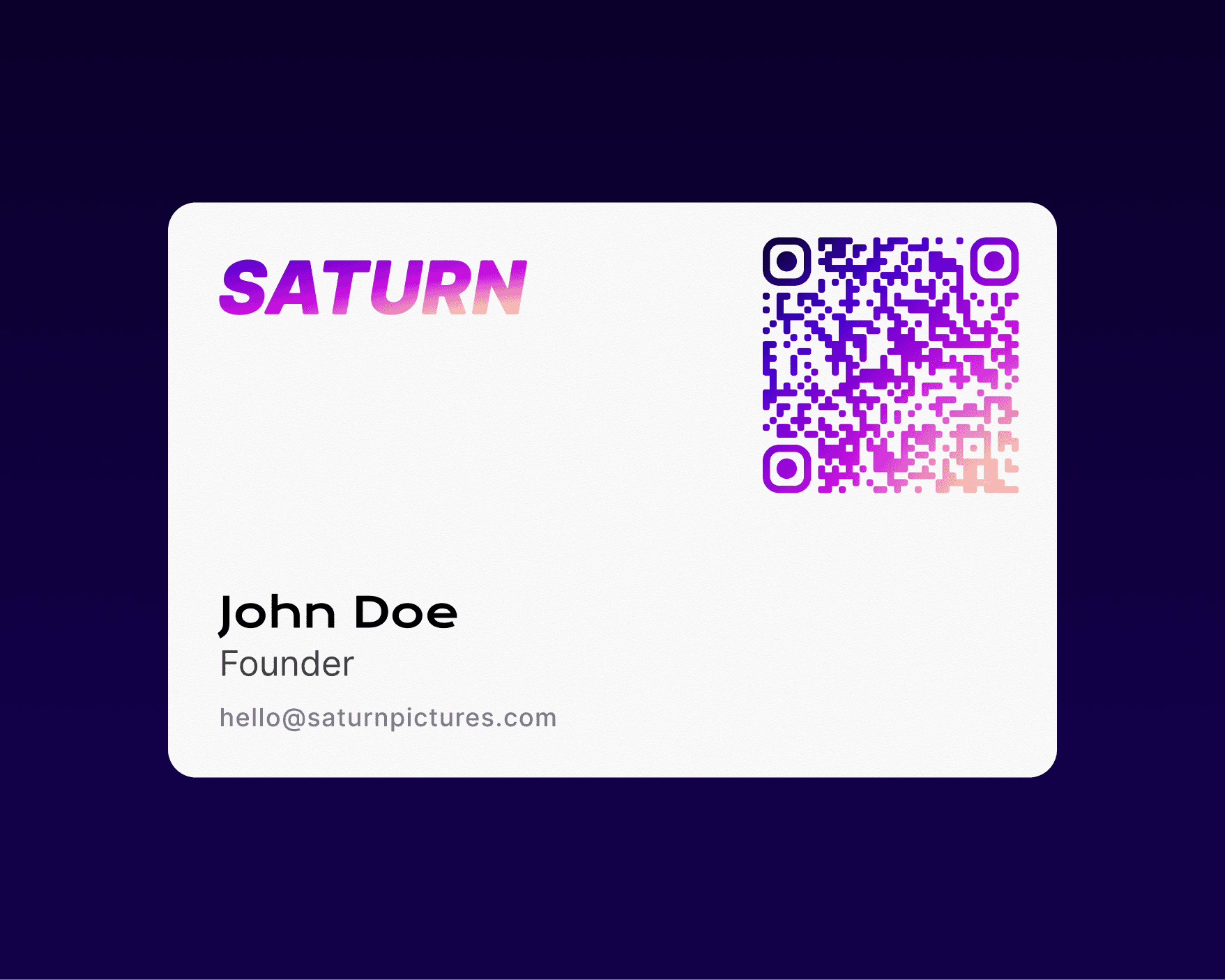 Carte de visite Saturn Pictures, verso blanc avec mot-symbole et QR code