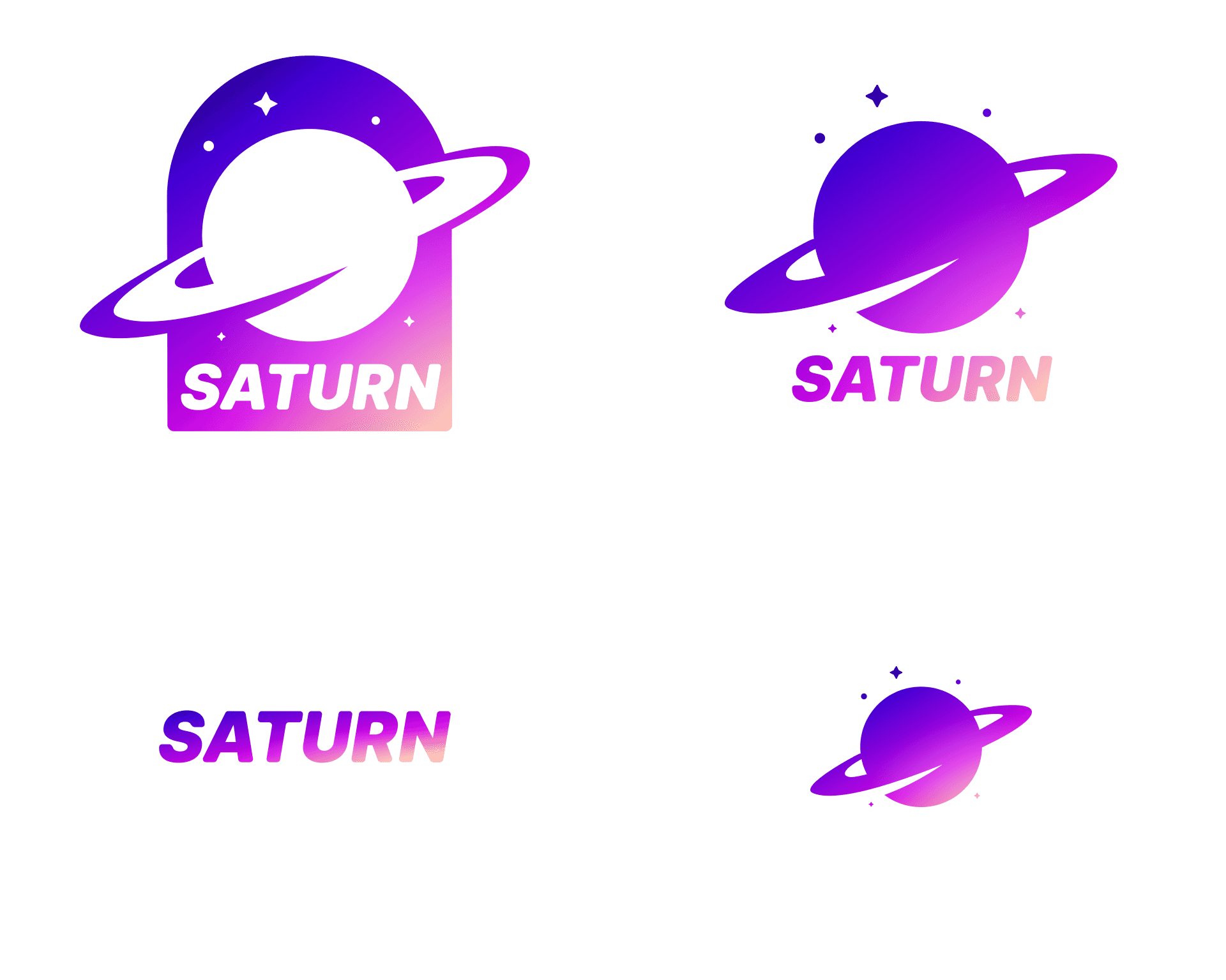 Les quatre variations du logo Saturn : fenêtre en arche, planète seule, mot-symbole et version miniature