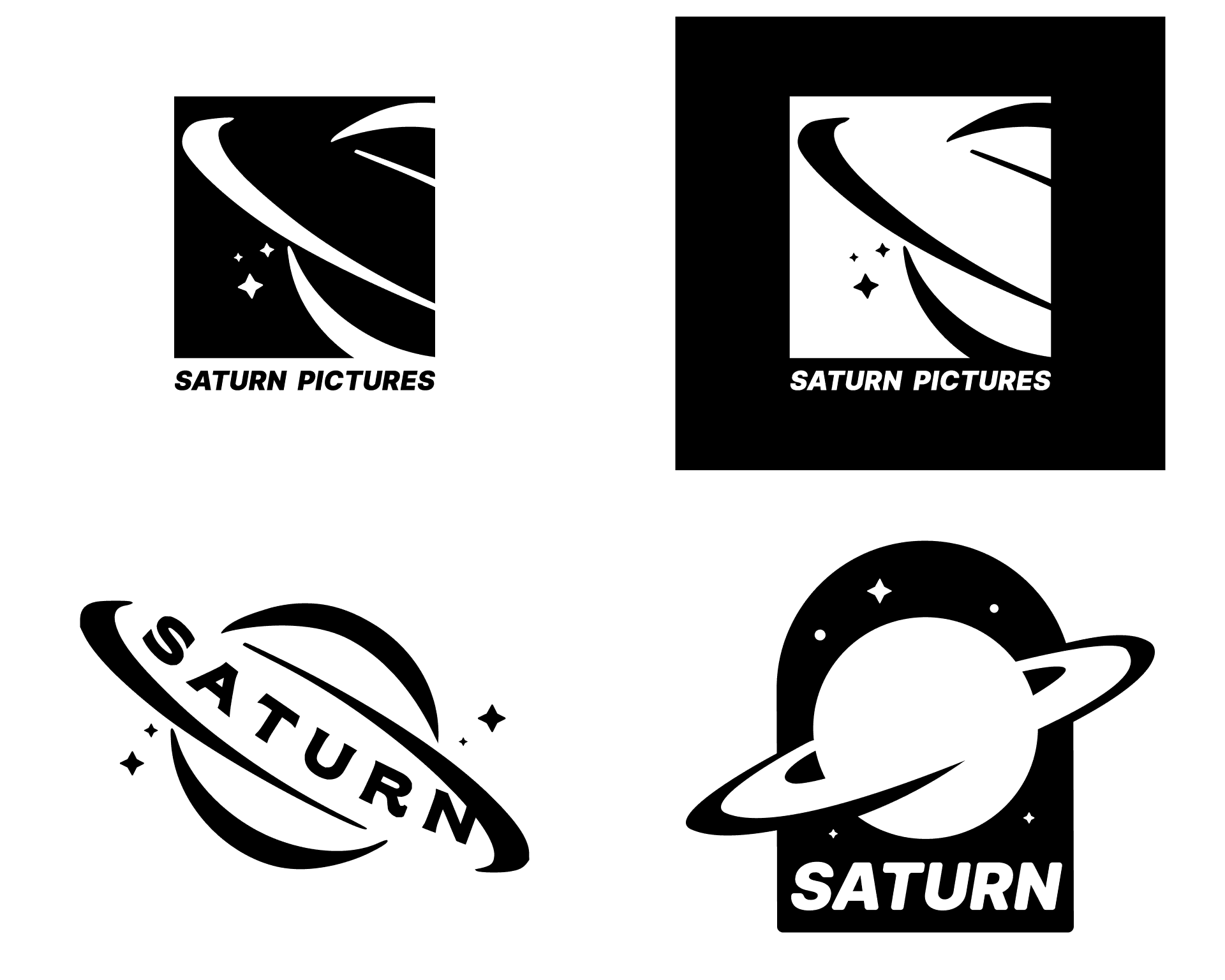 Explorations du logo Saturn Pictures en noir et blanc