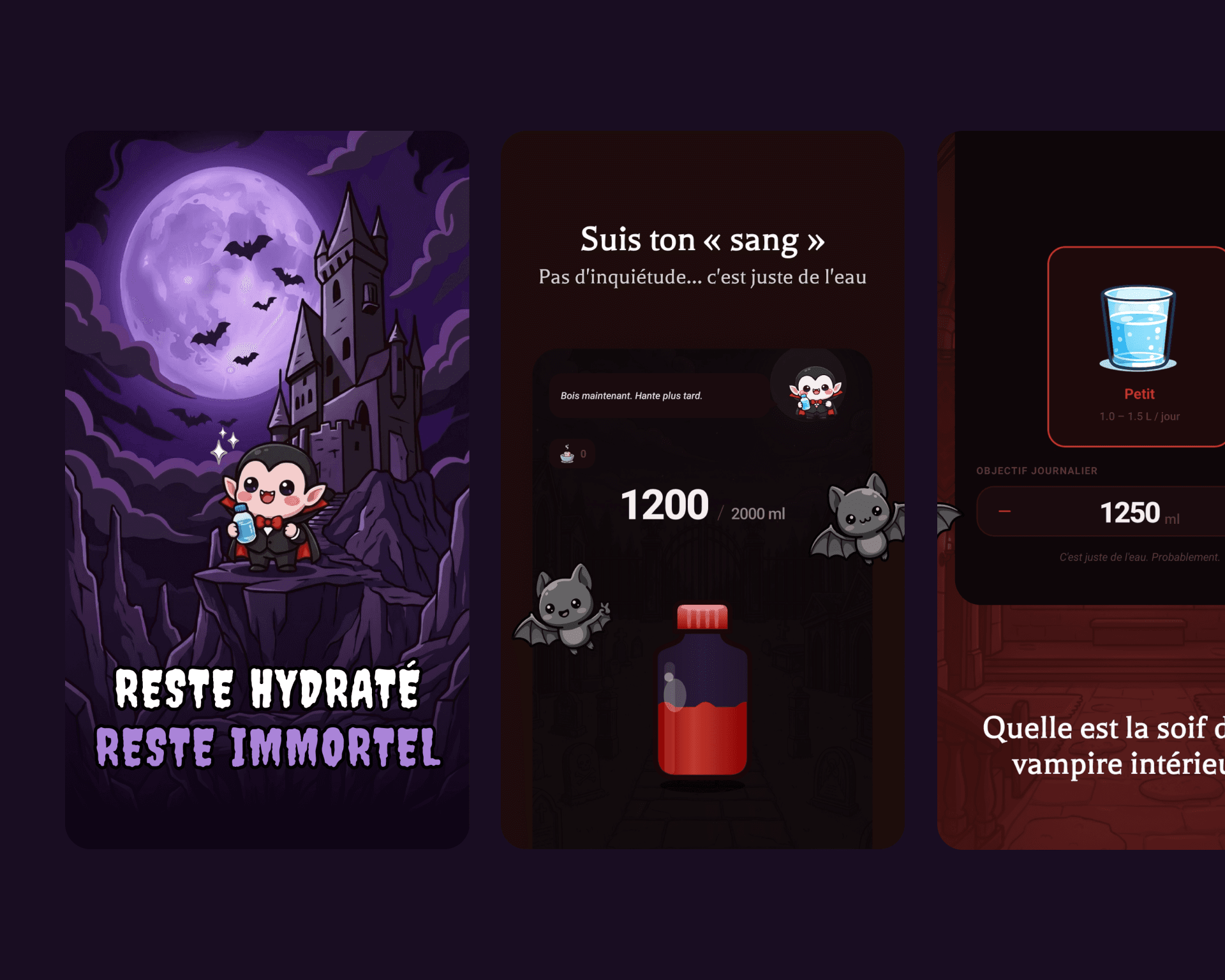 Trois écrans de l'application WaterVamp : accueil, suivi et objectif