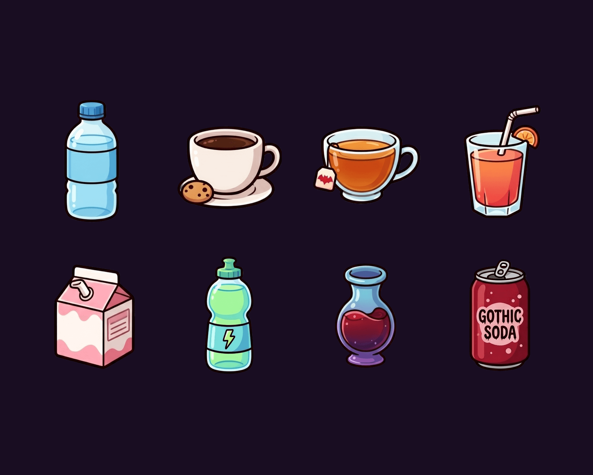 Icônes de boissons de WaterVamp : eau, café, thé, jus, lait, boisson énergisante, potion, Gothic Soda