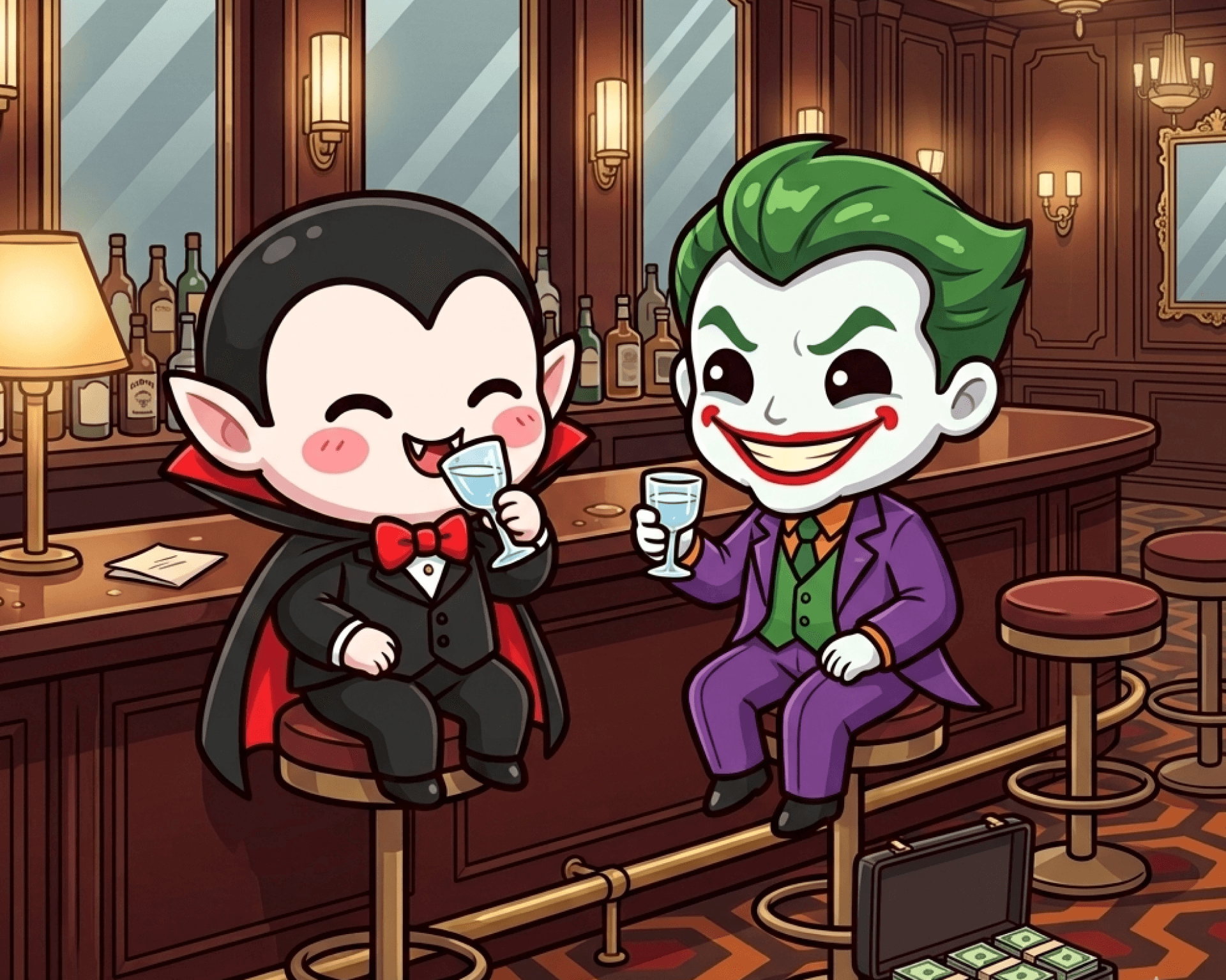 Illustration humoristique : le vampire chibi trinque à l'eau avec un autre personnage au bar